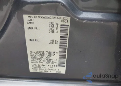 2019 Nissan Altima 2.5 Sr from USA, damaged, VIN 1N4BL4CV1KC183558